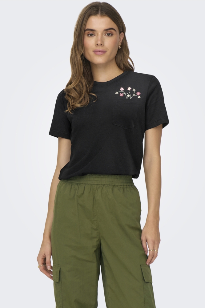 ONLPOLLY LIFE REG S/S POCKET TOP BO 15317989 Black/Flower bouquet