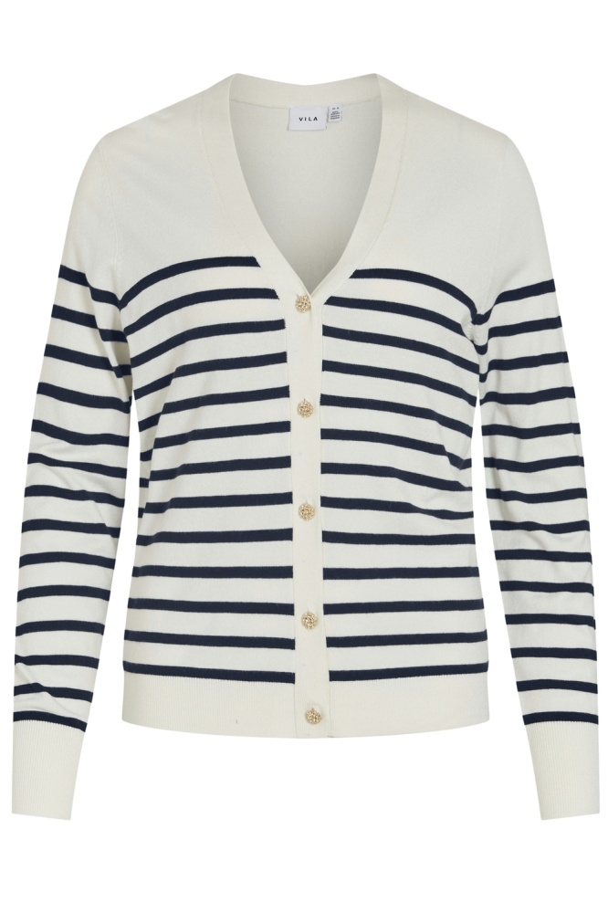 VIWENNIE V-NECK L/S KNIT CARDIGAN 14100579 Cloud Dancer/NAVY BLAZER