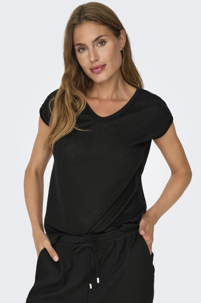 onlSILVERY S/S V NECK LUREX TOP JRS 15136069 Black