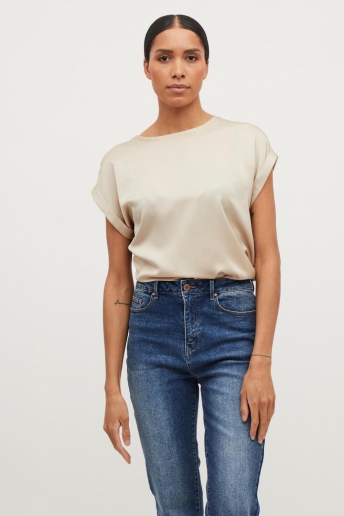 Vila T-shirt VIELLETTE S/S SATIN TOP - NOOS 14059563 CEMENT