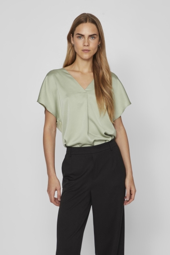 Vila T-shirt VIELLETTE V-NECK S/S SATIN TOP - NO 14089239 SWAMP