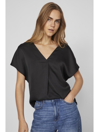 Vila T-shirt VIELLETTE V-NECK S/S SATIN TOP - NO 14089239 BLACK