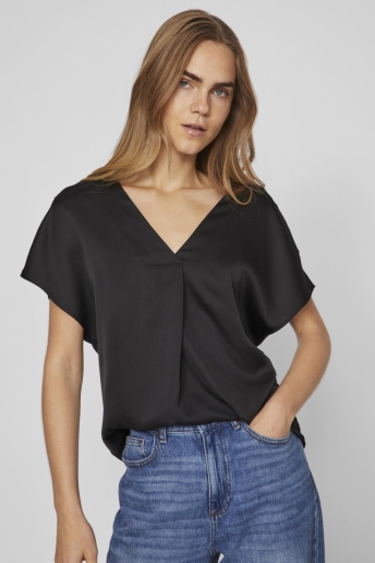 Vila T-shirt VIELLETTE V-NECK S/S SATIN TOP - NO 14089239 BLACK