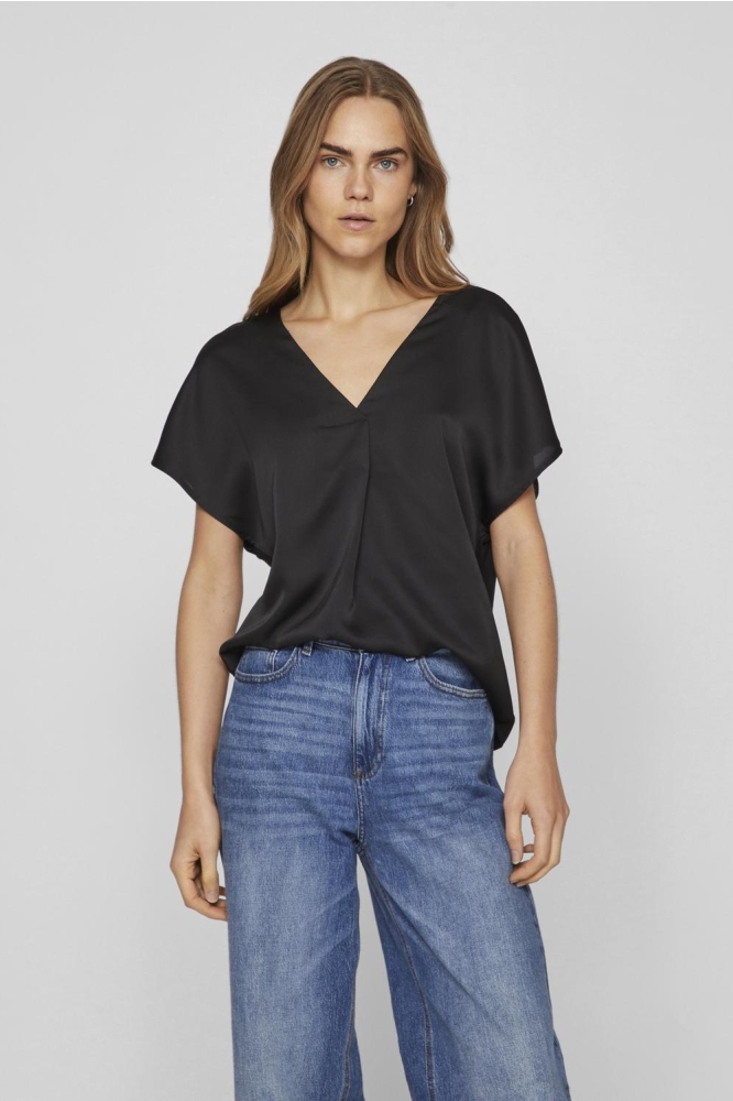 VIELLETTE V-NECK S/S SATIN TOP - NO 14089239 BLACK