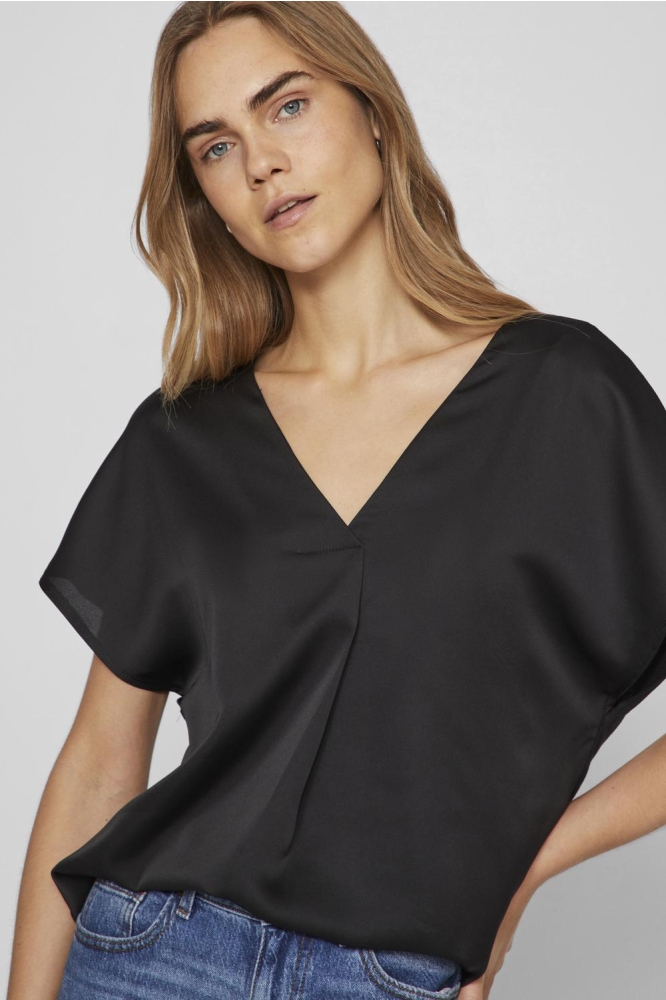 VIELLETTE V-NECK S/S SATIN TOP - NO 14089239 BLACK