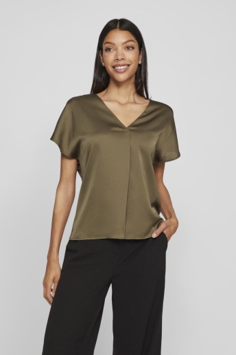 Vila T-shirt VIELLETTE V-NECK S/S SATIN TOP - NO 14089239 DUSTY OLIVE