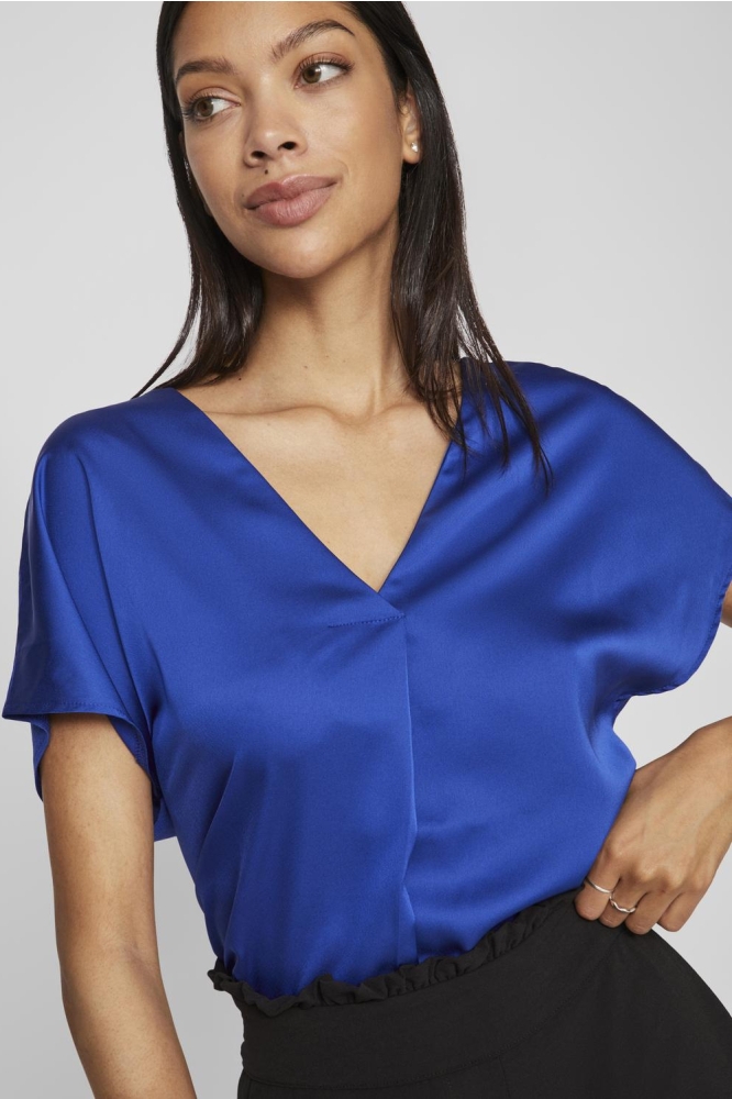 VIELLETTE V-NECK S/S SATIN TOP - NO 14089239 Mazarine Blue