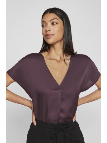 Vila T-shirt VIELLETTE V-NECK S/S SATIN TOP - NO 14089239 PLUM PERFECT