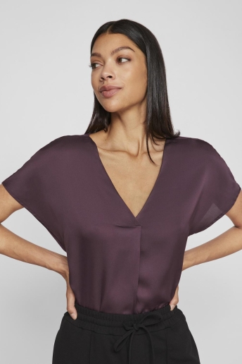 Vila T-shirt VIELLETTE V-NECK S/S SATIN TOP - NO 14089239 PLUM PERFECT