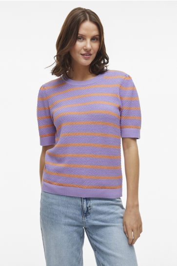 Vila T-shirt VIDALO O-NECK S/S STRIPE KNIT-NOOS 14106601 VIOLET TULIP/CADMIUM OR