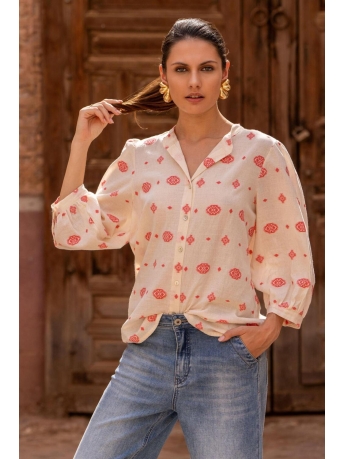 Geisha Blouse BLOUSE ETNISCHE PRINT 53176 70 000010 Off-White/Coral