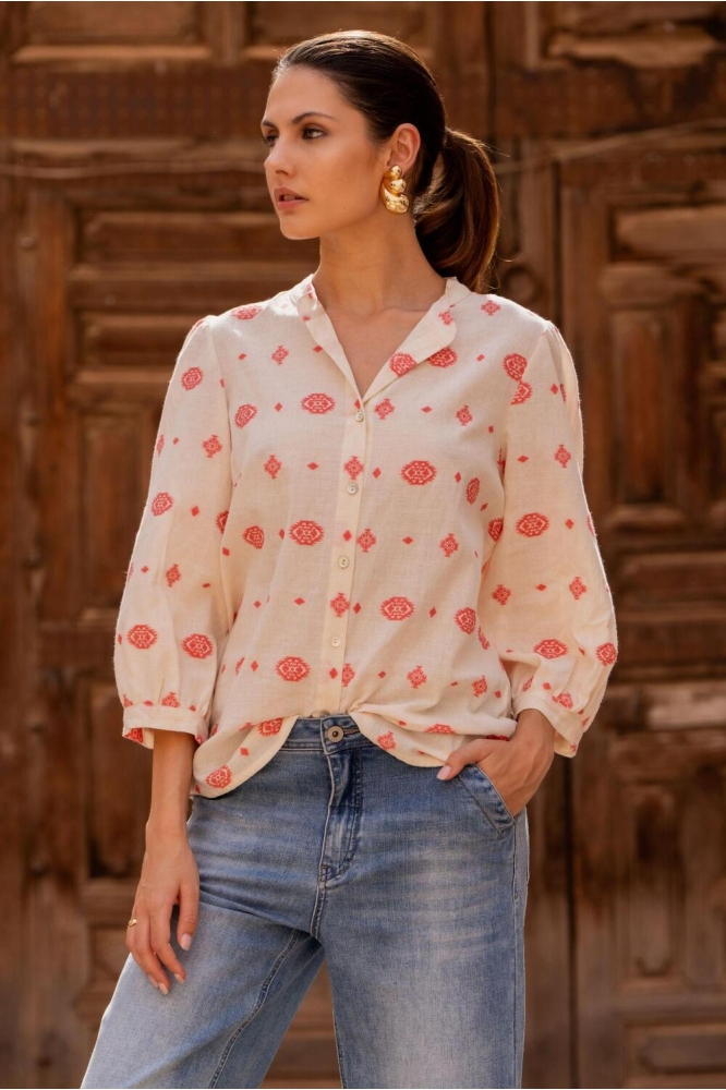 BLOUSE ETNISCHE PRINT 53176 70 000010 Off-White/Coral