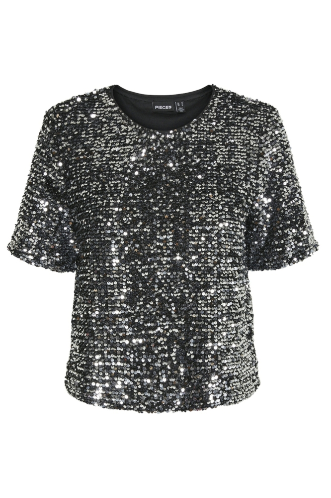 PCSERENA SEQUIN SS O-NECK TOP MM 17150886 Black/Silver seq