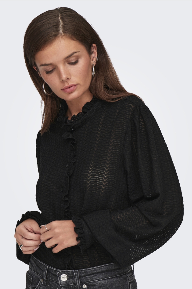 ONLISABELLE L/S PLACKET RUFFLE TOP 15337660 BLACK