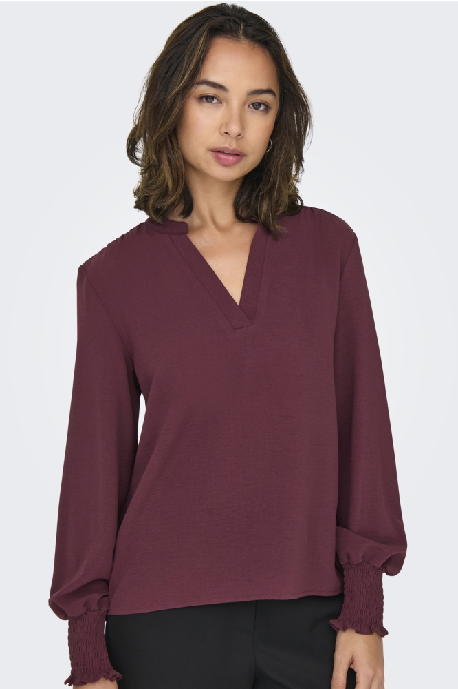 ONLMETTE V-NECK LS SMOCK TOP NOOS W 15284309 VINEYARD WINE