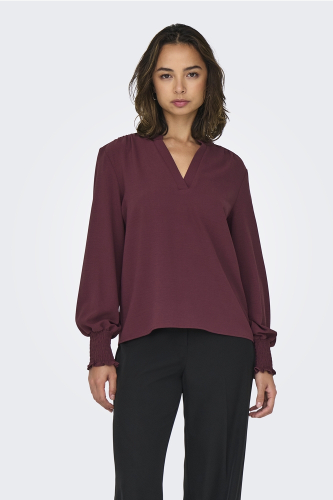 ONLMETTE V-NECK LS SMOCK TOP NOOS W 15284309 VINEYARD WINE