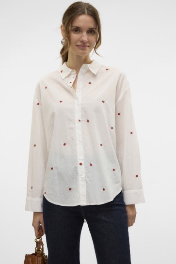 Vero Moda Blouse VMODONA LS SHIRT WVN GA 10324629 SNOW WHITE/EMB STRAWB