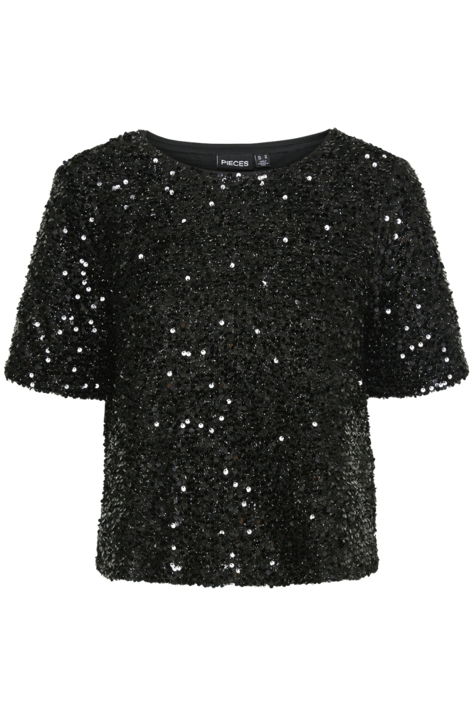 PCSERENA SEQUIN SS O-NECK TOP MM JR 17150886 Black/Black sequ