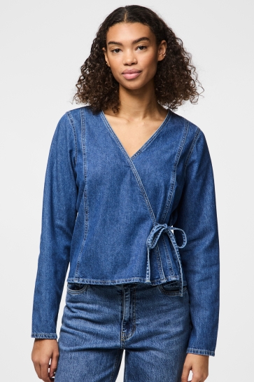 Pieces Blouse PCTABI LS DENIM WRAP SHIRT 17157601 DARK BLUE DENIM