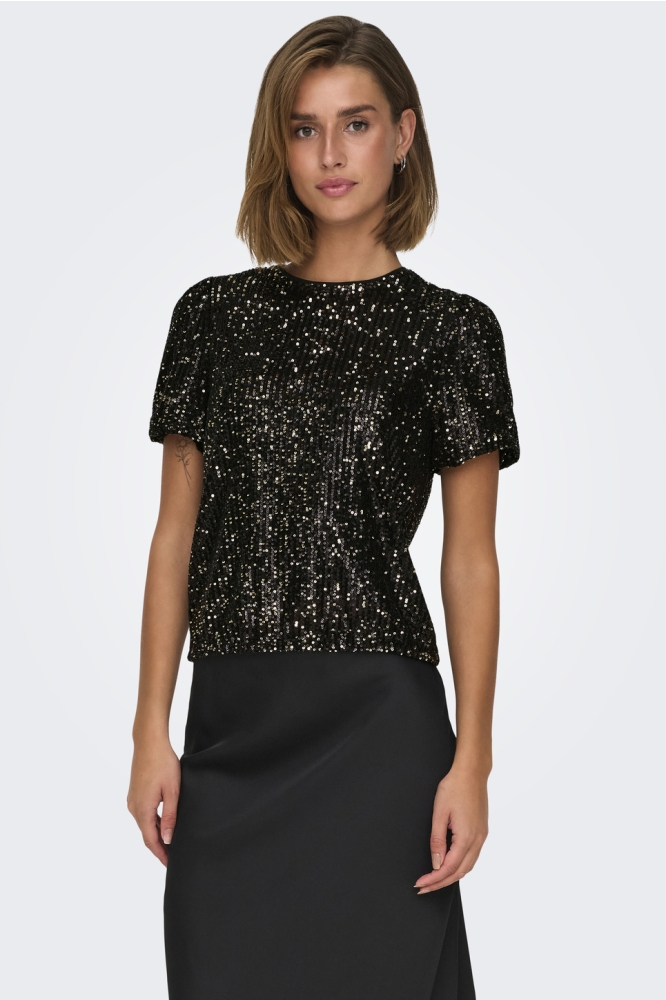 ONLANA S/S LOOSE SEQUINS TOP JRS 15333850 BLACK/BLACK+GOLD