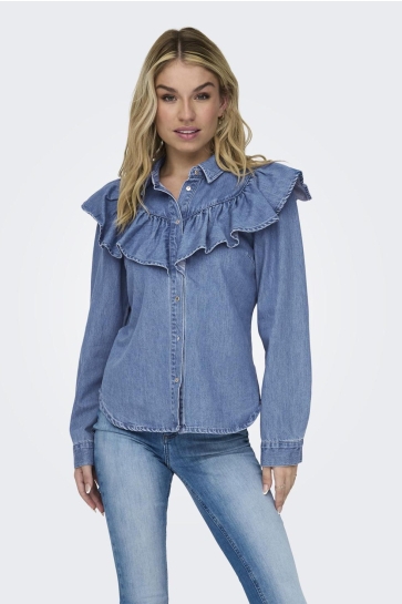 Only Blouse ONLINDIGO LS FRILL DNM SHIRT QYT NO 15297988 Medium Blue Denim