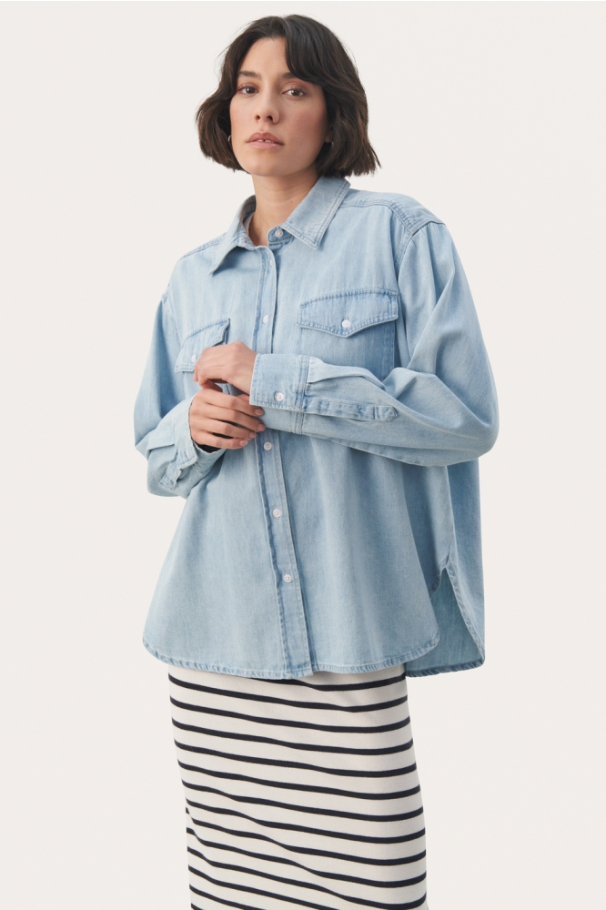 COLLETTE PW SH BLOUSE 30308571 300154 WHITEISH BLUE DENIM