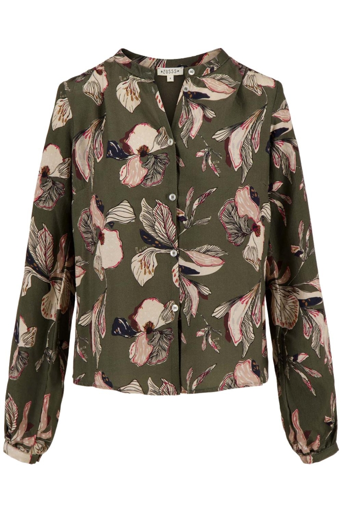 BLOUSE MET IRIS BLOEMEN PRINT 0304 065 4501 DONKERGROEN