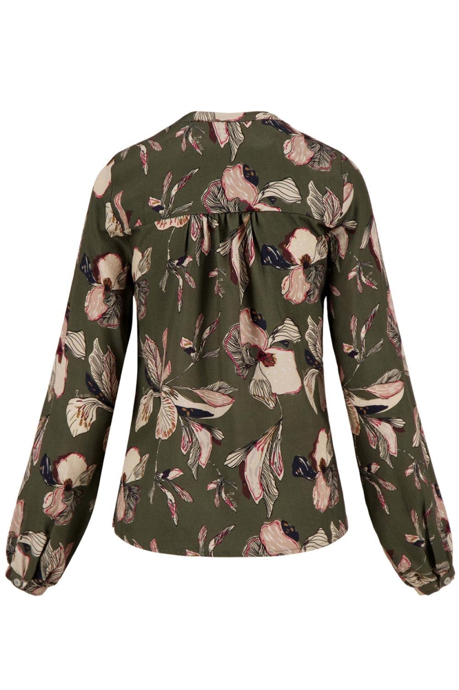 BLOUSE MET IRIS BLOEMEN PRINT 0304 065 4501 DONKERGROEN