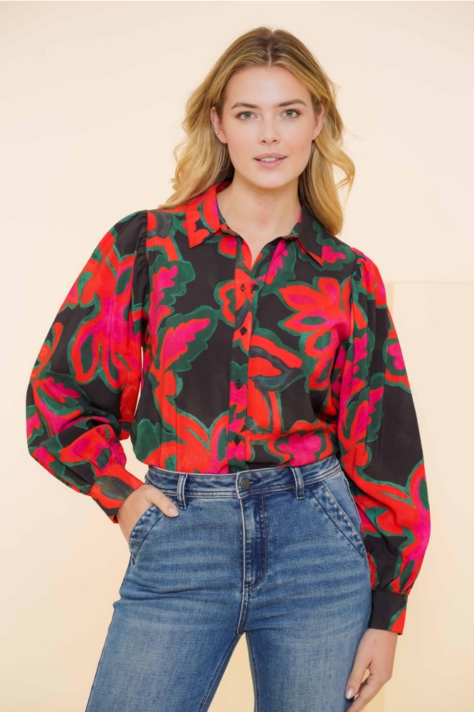 BLOUSE MET BLOEMENPRINT 43937 20 000999 BLACK/RASPBERRY