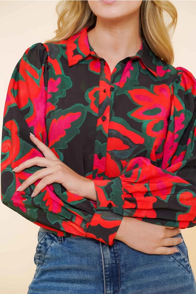 BLOUSE MET BLOEMENPRINT 43937 20 000999 BLACK/RASPBERRY