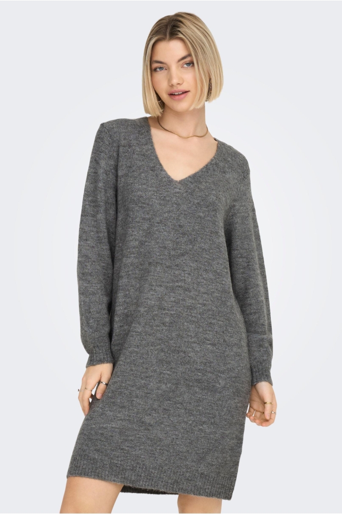 JDYELANORA L/S V-NECK DRESS KNT 15207844 Dark Grey Melange