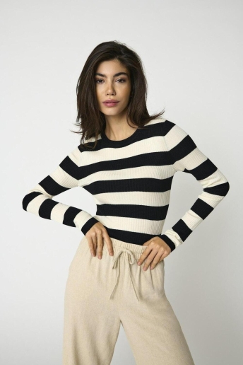 Jacqueline de Yong Trui JDYPLUM L/S O-NECK STRIPE PULLOVER 15277223 BLACK/EGGNOG