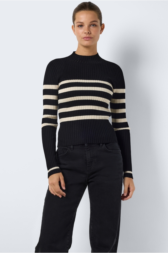 NMFIFI L/S HIGH NECK RIB KNIT FWD 27027551 BLACK/OATMEAL