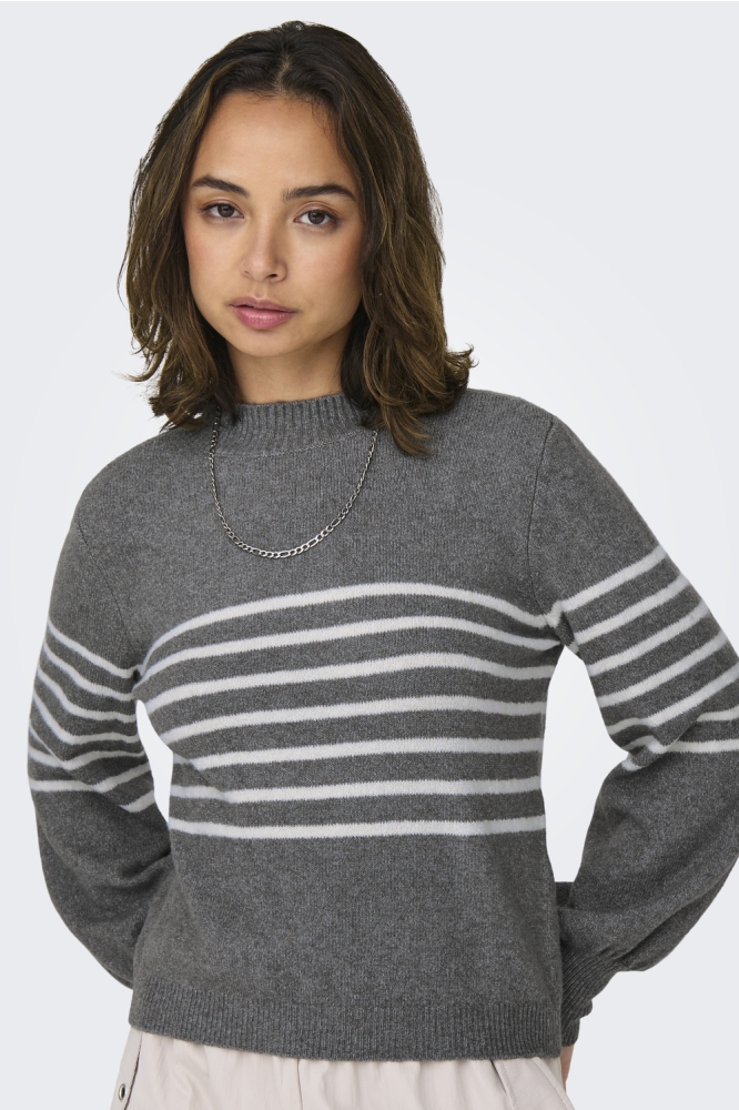 JDYLAYLA L/S HN STRIPE PULLOVER KNT 15328340 MEDIUM GREY MELANGE/BIRCH