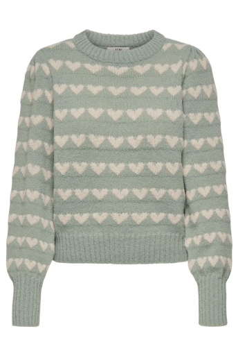 Jacqueline de Yong Trui JDYSIGRID LIFE L/S ON PUFF PULL KNT 15304813 ICEBERG GREEN/W. CEMENT HEART