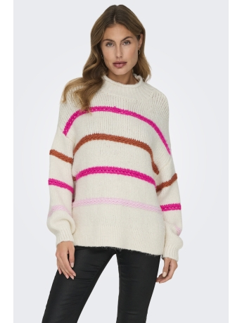 Only Trui ONLMY LS STRIPE HIGH NECK KNT 15334859 Birch/Knockout Pink