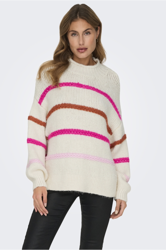 ONLMY LS STRIPE HIGH NECK KNT 15334859 Birch/Knockout Pink