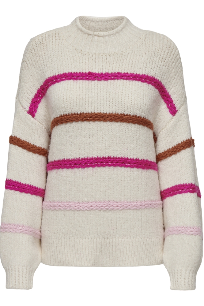 ONLMY LS STRIPE HIGH NECK KNT 15334859 Birch/Knockout Pink