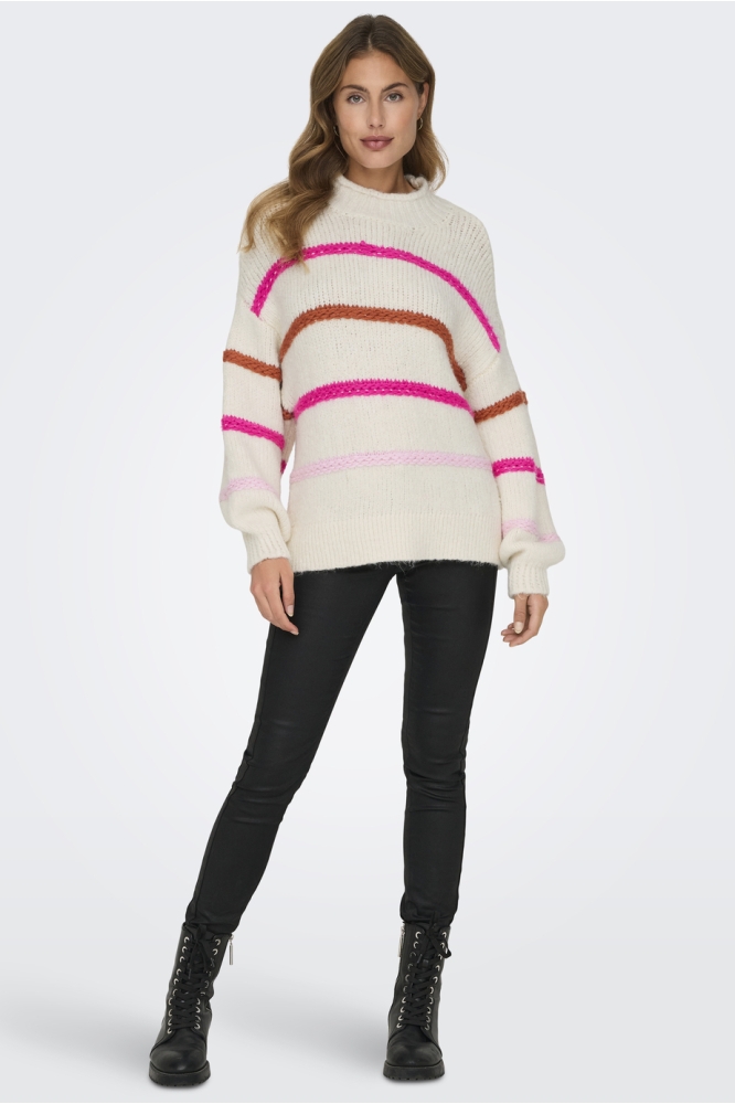 ONLMY LS STRIPE HIGH NECK KNT 15334859 Birch/Knockout Pink