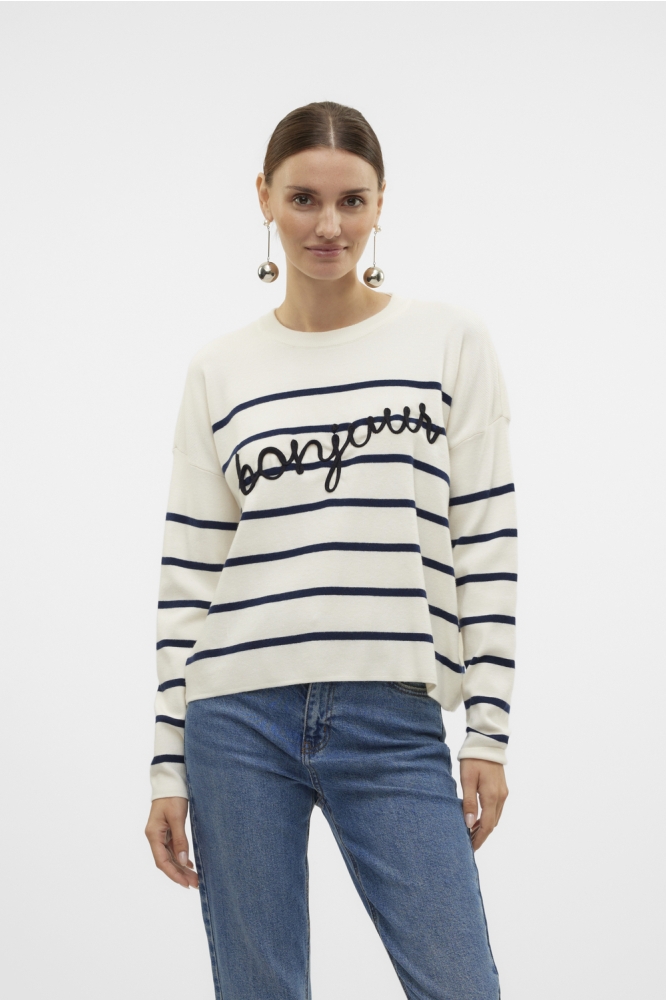 VMARIA BONJOUR LS O-NECK PULLOVER G 10322312 BIRCH/W. NAVY BL