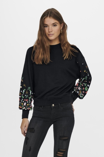 Only Trui ONLBROOKE L/S O-NECK FLOWER SWT NOO 15216364 BLACK