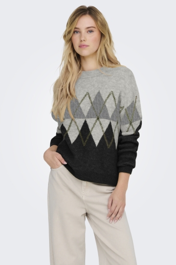 Jacqueline de Yong Trui JDYARIA L/S O-NECK ARGYLE PULLOVER 15330588 LIGHT GREY/MELIE