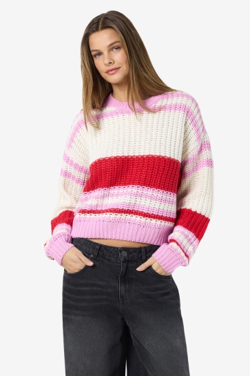 Noisy may Trui NMCHARLIE L/S O-NECK STRIPE KNIT NO 27020786 Birch/TOMATO BON BON