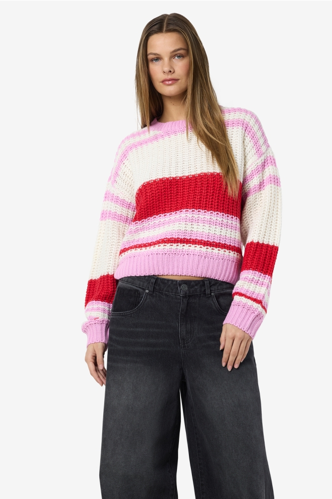 NMCHARLIE L/S O-NECK STRIPE KNIT NO 27020786 Birch/TOMATO BON BON