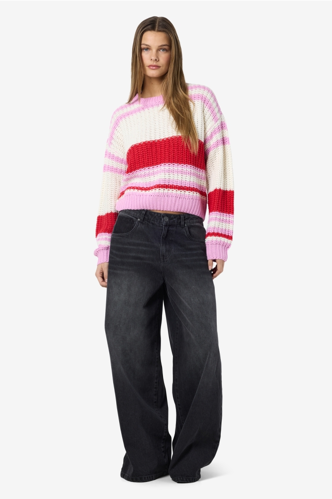 NMCHARLIE L/S O-NECK STRIPE KNIT NO 27020786 Birch/TOMATO BON BON