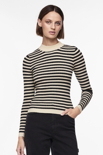 Pieces Trui PCCRISTA LS LUREX O-NECK KNIT MM 17151031 BIRCH/BLACK STRIPES