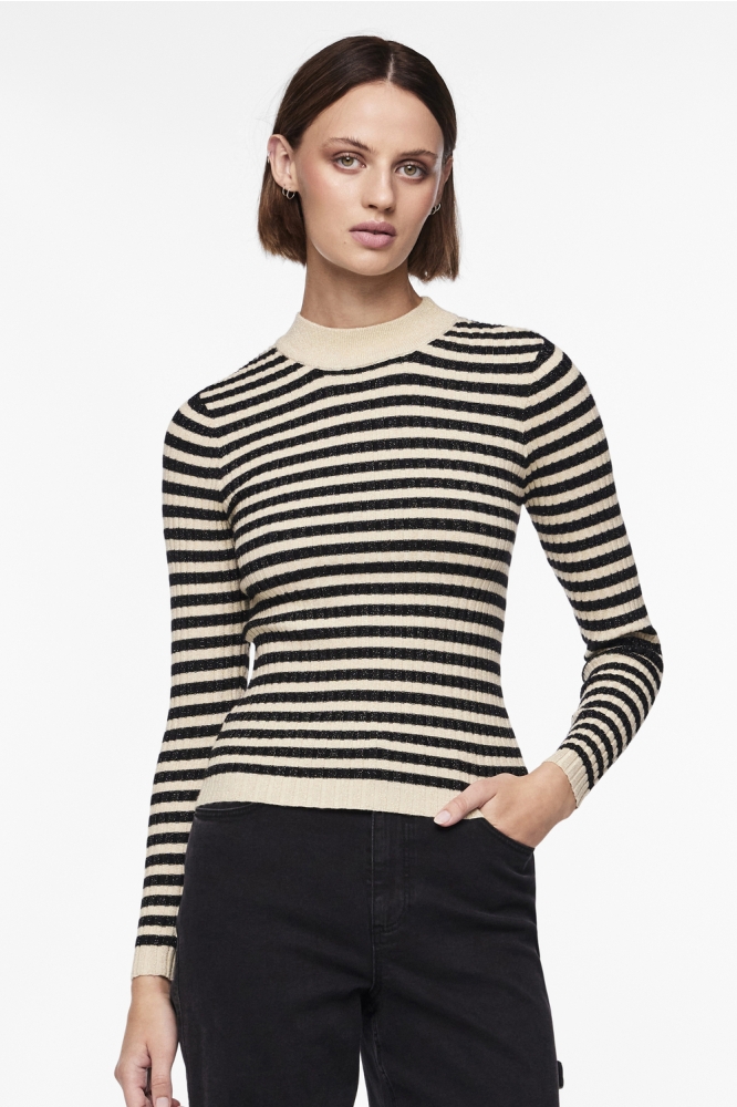 PCCRISTA LS LUREX O-NECK KNIT MM 17151031 BIRCH/BLACK STRIPES