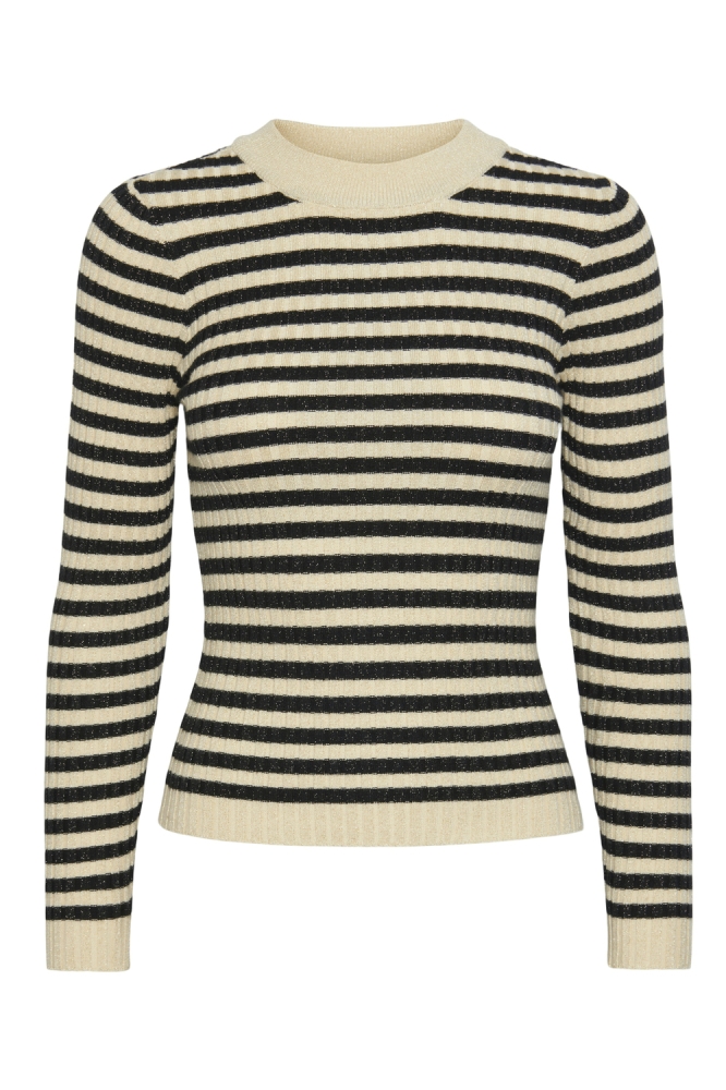 PCCRISTA LS LUREX O-NECK KNIT MM 17151031 BIRCH/BLACK STRIPES