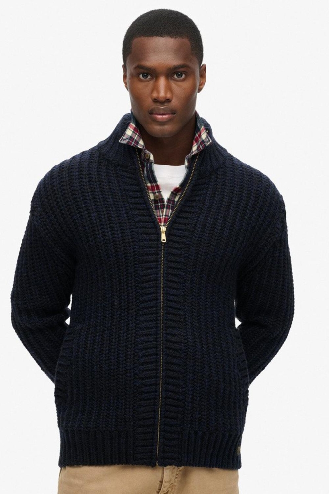 CHUNKY KNIT ZIP THROUGH M6110592A NAVY BLACK TWIST