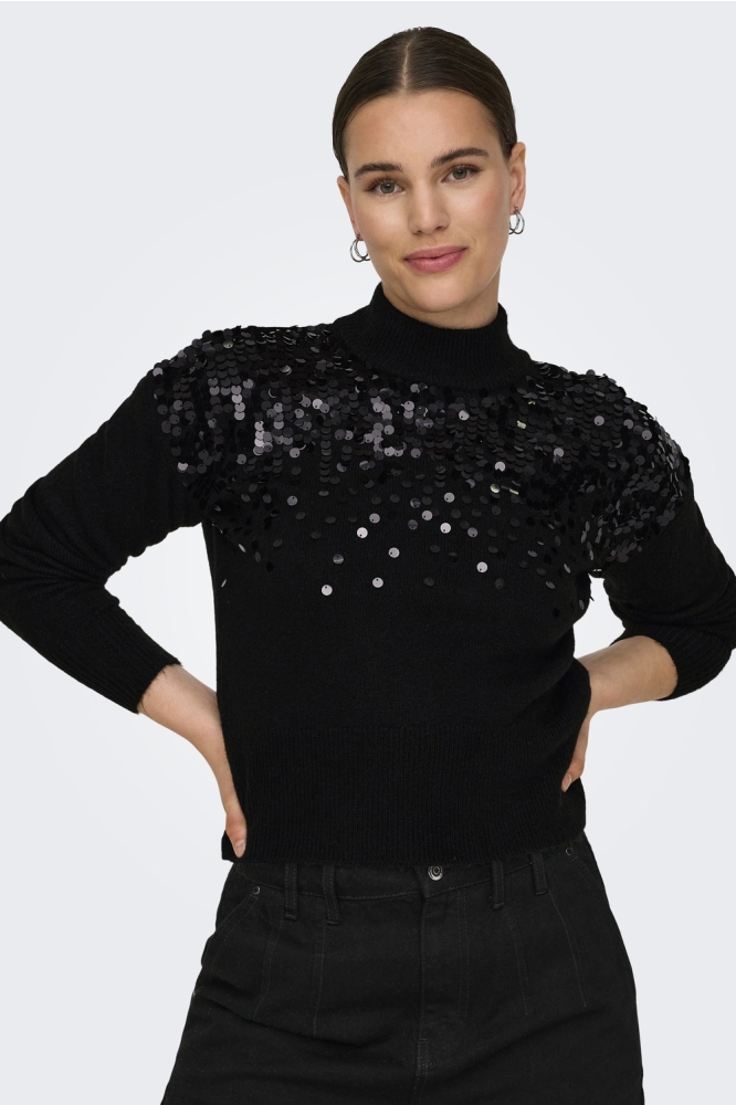 ONLALBA LS SEQUINS HIGH NECK KNT 15332081 BLACK/SEQUINS